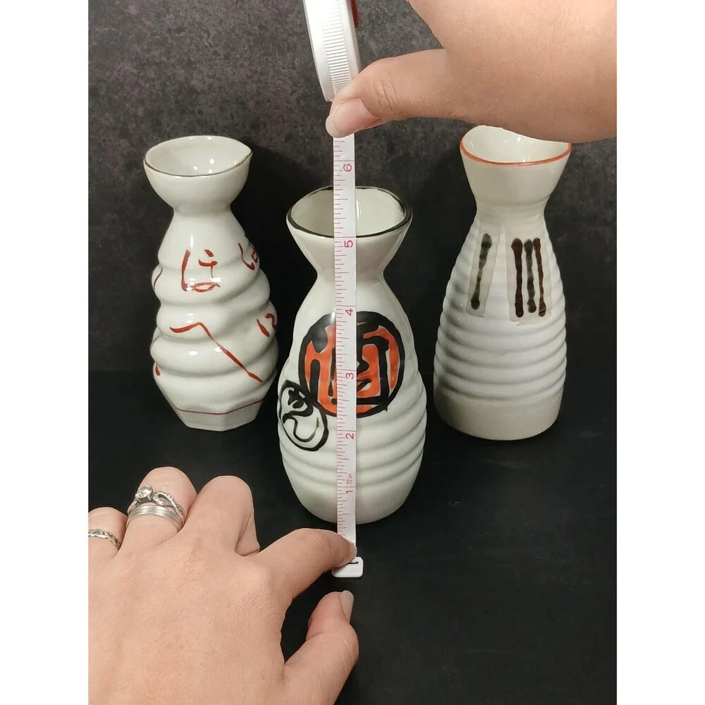 Vintage Japanese Porcelain Sake Bottle Set Calligraphy Ribbed Design